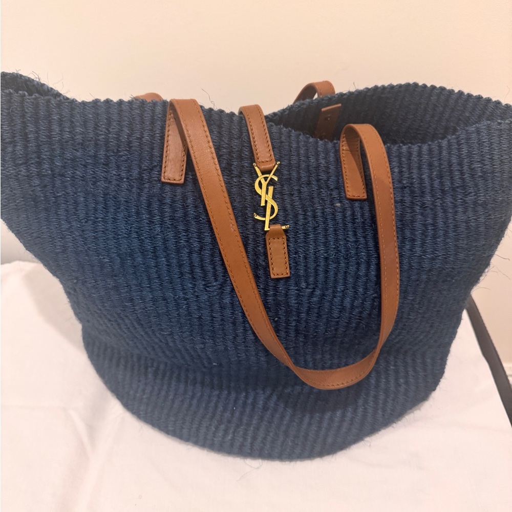 Yves Saint Laurent Navy Woven Tote with Tan Leather Straps and Gold YSL Logo - Picture 5 of 5